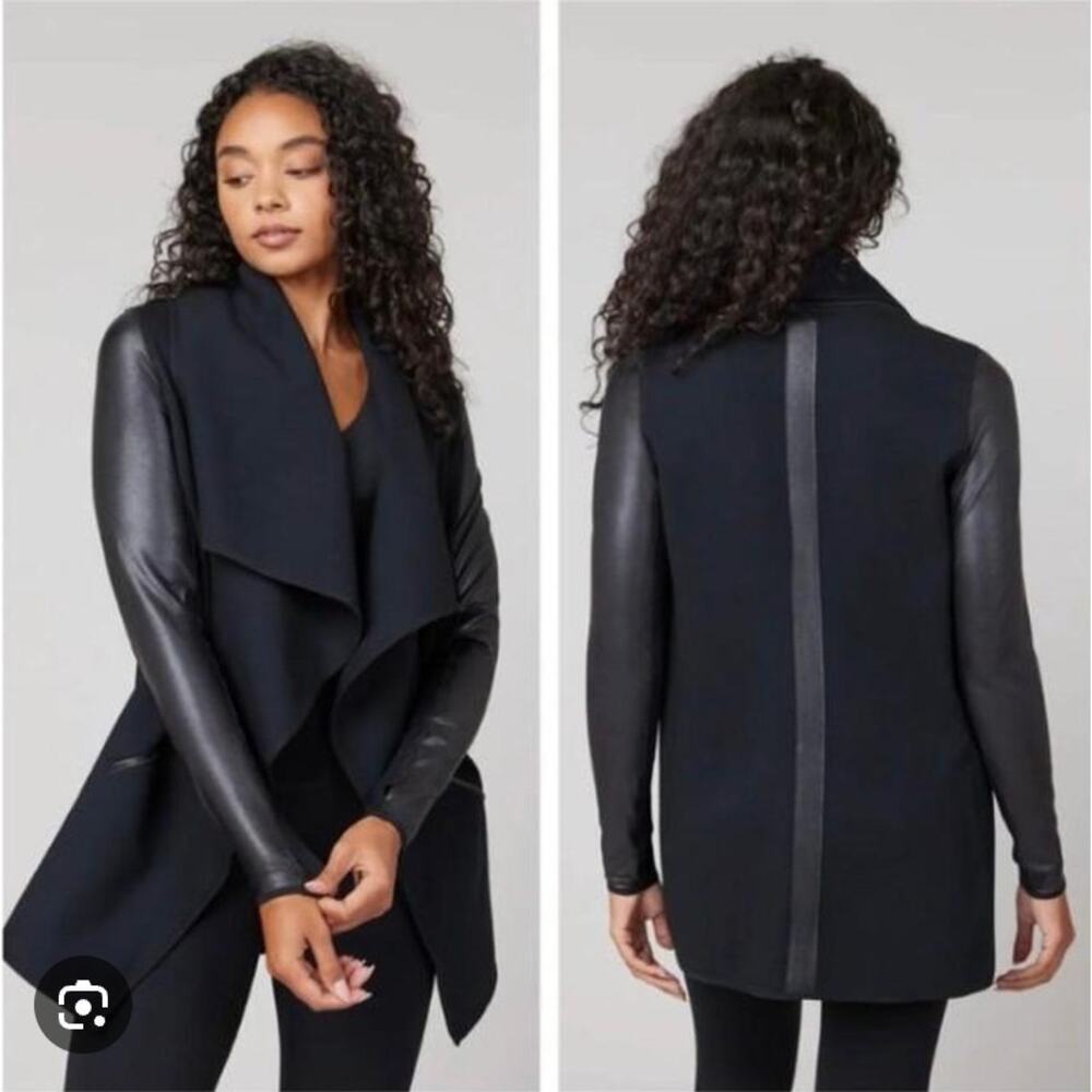 Spanx Drape Front Jacket Faux Leather Sleeves Black Ponte Knit Women’s